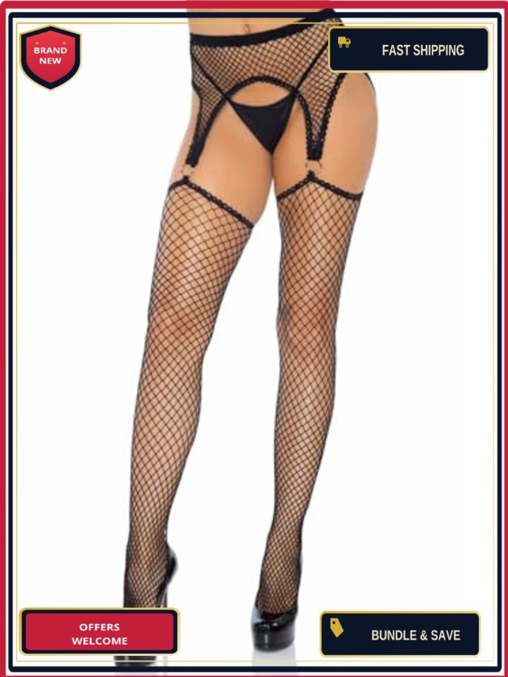 Fishnet Thigh High Stockings with Attached Garter Belt Stay Up
